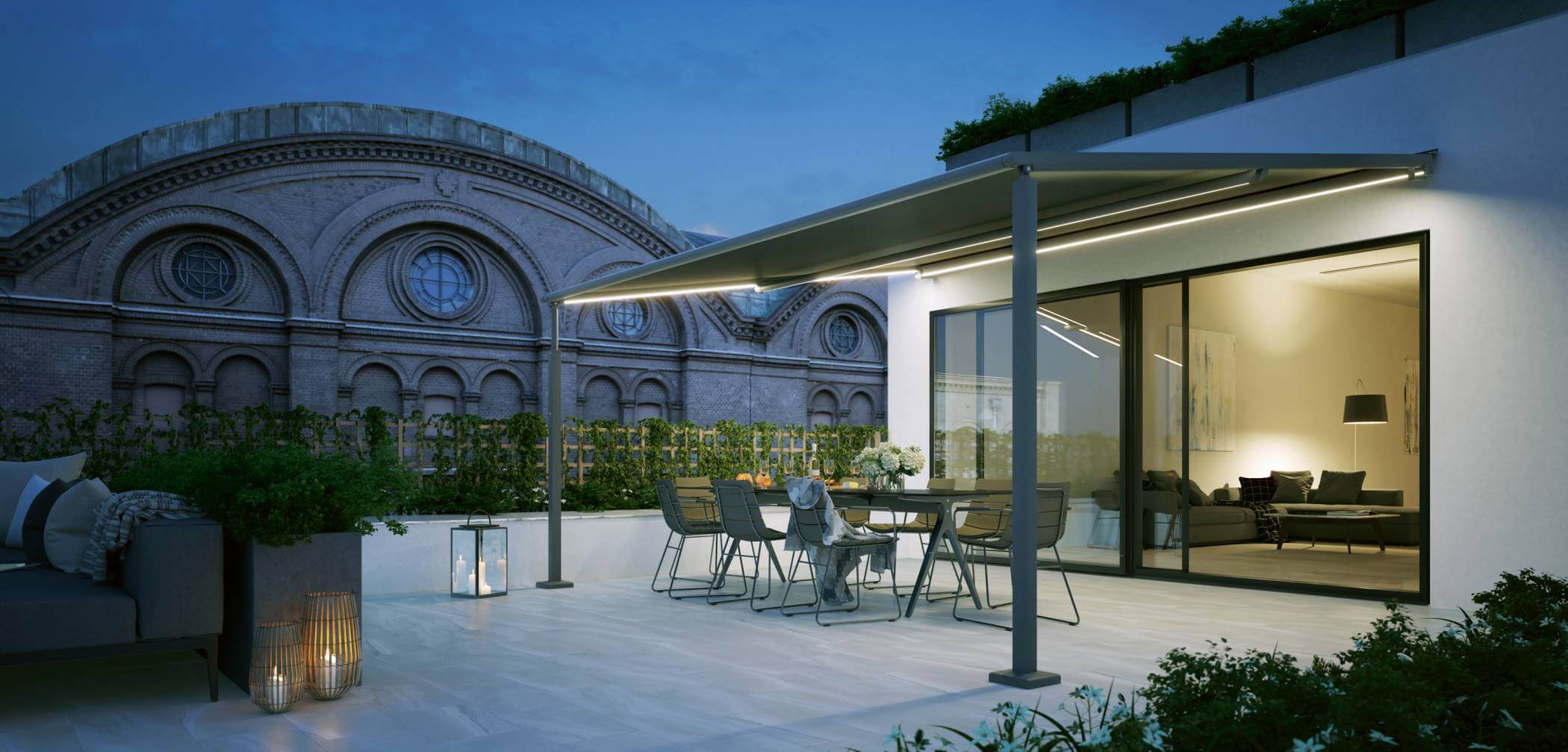 Markilux Pergola Markise beleuchtet bei Nacht von Sonne Rundum in Hamburg