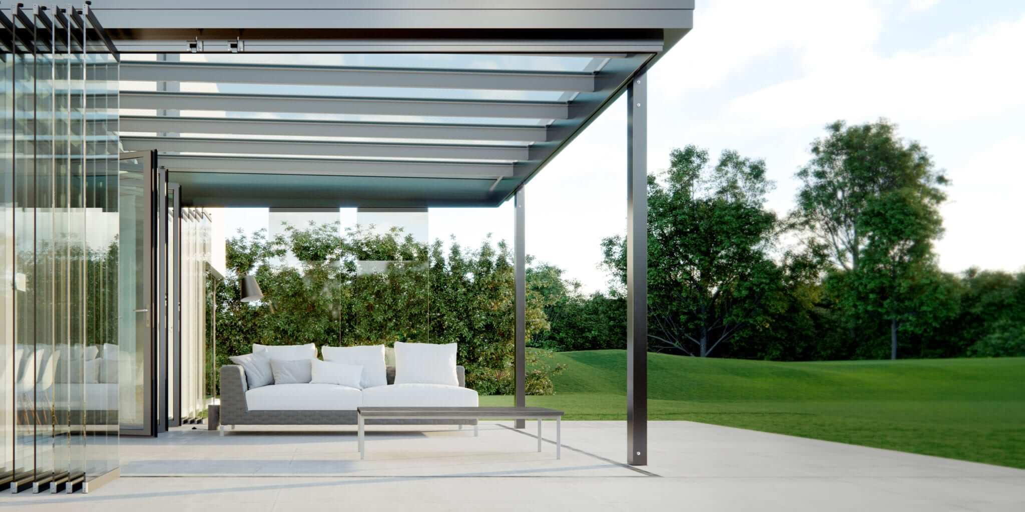 Acubis-Terrassendach-Solarlux-2° Dachneigung-Draufsicht von Rechts-von Sonne Rundum in Hamburg