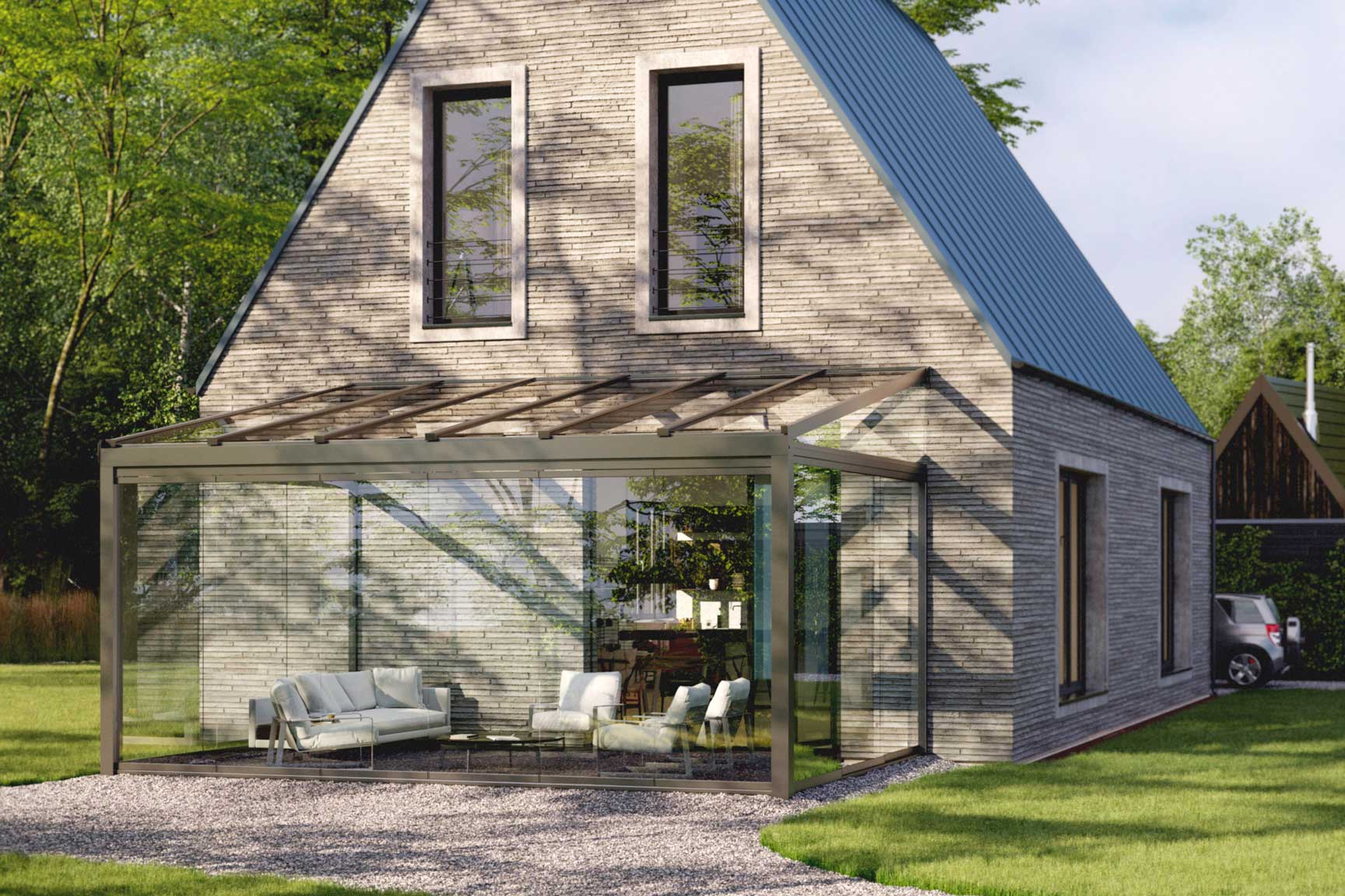 Galeriebild Solarlux Terrassenüberdachung Alerio an modernem Einfamilienhaus von Sonne Rundum bei Hamburg